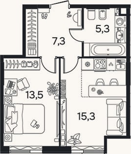 Планировка: 1-к, 41,4 м²