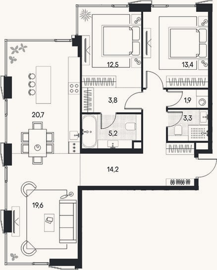 Планировка: 3-к, 94,6 м²