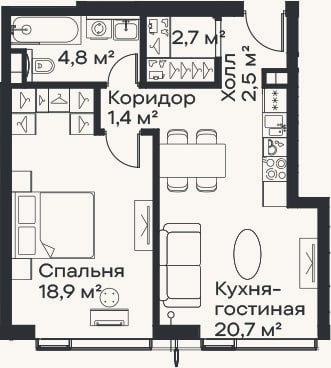 Планировка: 2-к, 51 м²