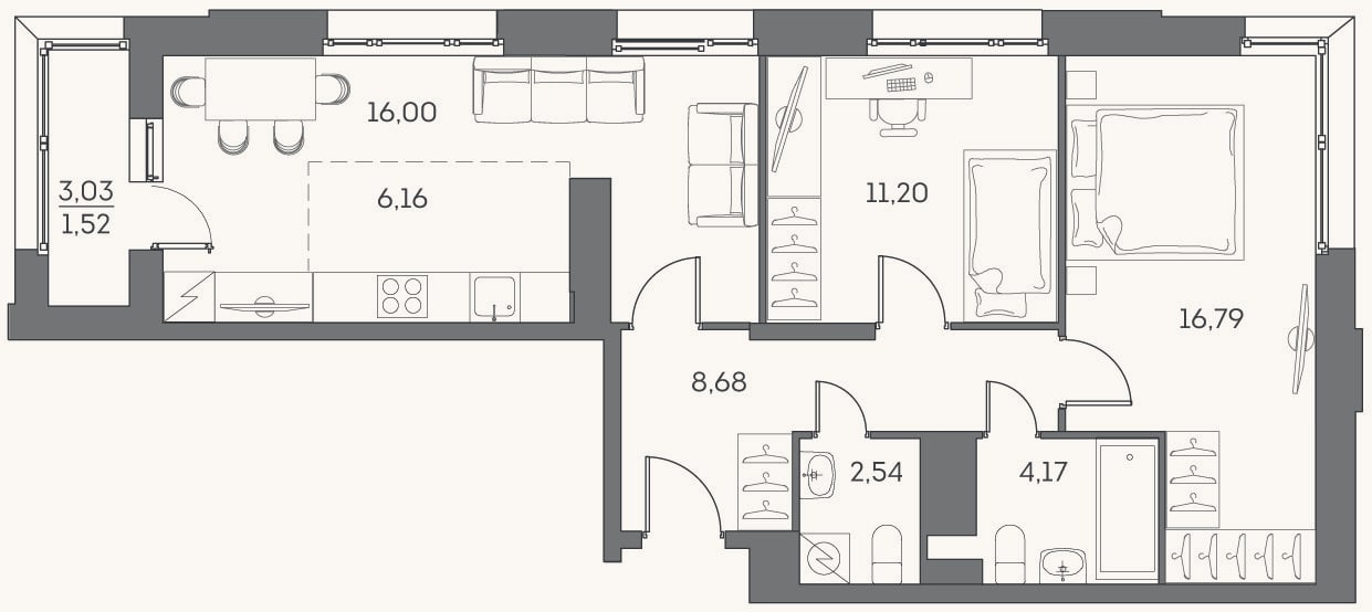 Планировка: 3-к, 65,5 м²