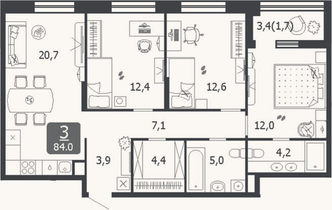 Планировка: 4+ к, 82,3 м²