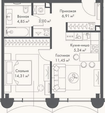 Планировка: 2-к, 45,8 м²
