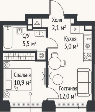 Планировка: 2-к, 35,5 м²