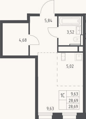 Планировка: Студия, 28,7 м²
