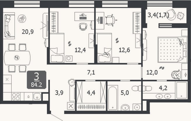 Планировка: 4+ к, 82,5 м²