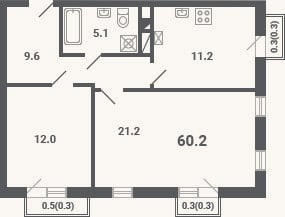 Планировка: 2-к, 59,1 м²