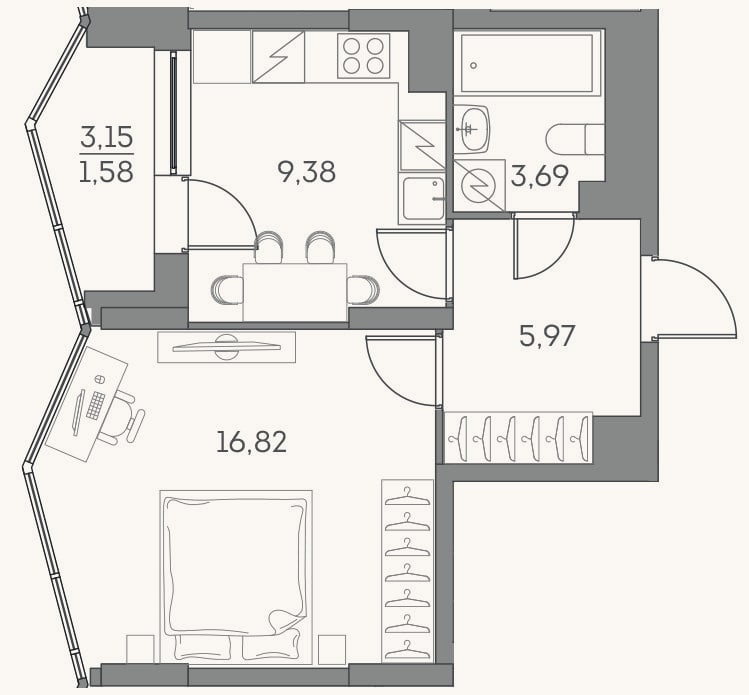 Планировка: 1-к, 35,9 м²