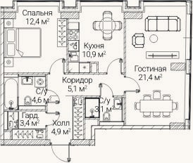 Планировка: 2-к, 65,7 м²