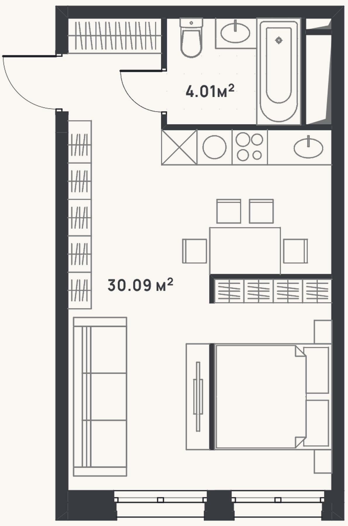 Планировка: Студия, 34,1 м²