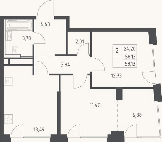 Планировка: 2-к, 58,1 м²