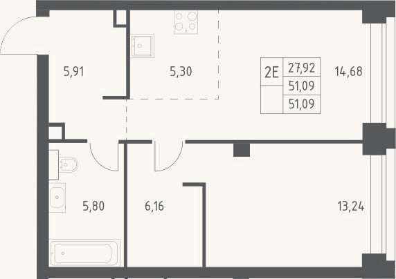 Планировка: 2-к, 51,1 м²