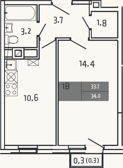 Планировка: 1-к, 33,7 м²