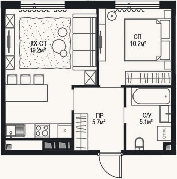 Планировка: 2-к, 40,2 м²