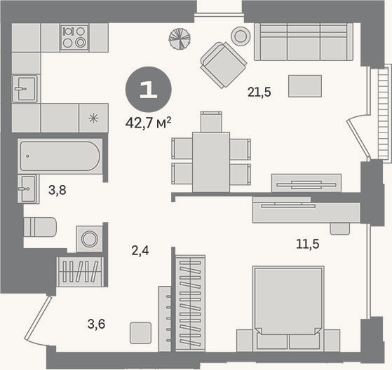 Планировка: 1-к, 42,7 м²