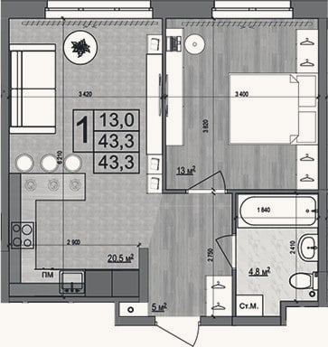 Планировка: 2-к, 43,3 м²
