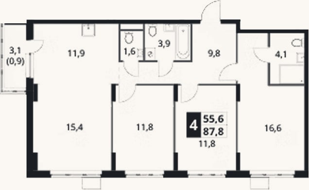 Планировка: 4+ к, 86,9 м²