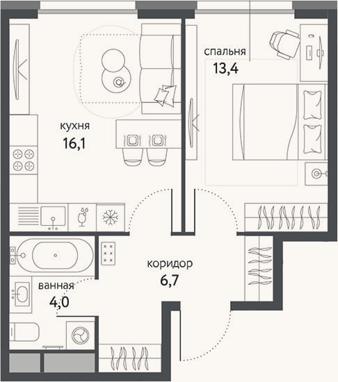 Планировка: 1-к, 40,2 м²