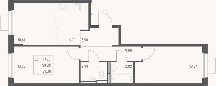 Планировка: 3-к, 59,3 м²
