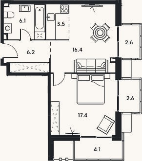 Планировка: 2-к, 49,6 м²