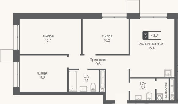 Планировка: 4+ к, 70,3 м²