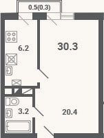 Планировка: 1-к, 29,8 м²