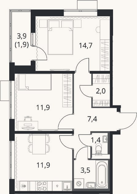Планировка: 2-к, 52,9 м²