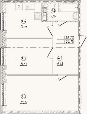 Планировка: 2-к, 53,2 м²