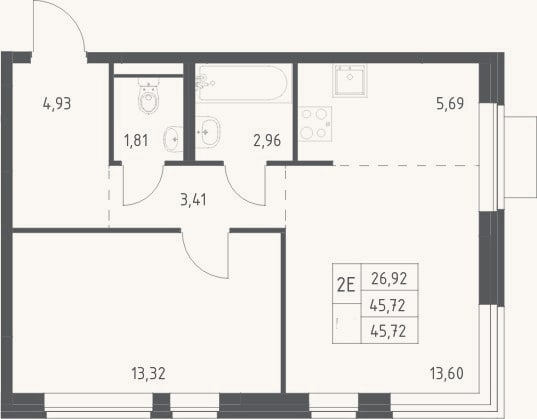 Планировка: 2-к, 45,7 м²