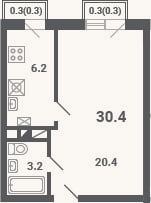 Планировка: 1-к, 29,8 м²