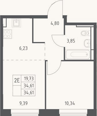 Планировка: 2-к, 34,6 м²