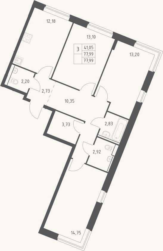 Планировка: 3-к, 78 м²