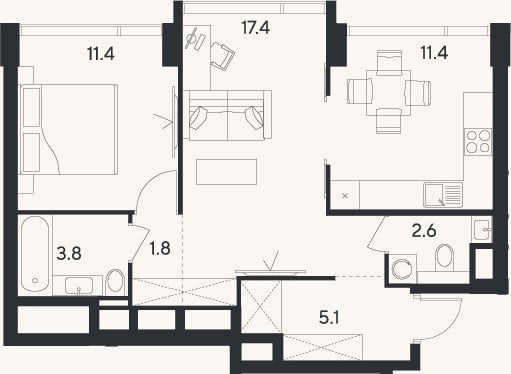 Планировка: 2-к, 53,5 м²