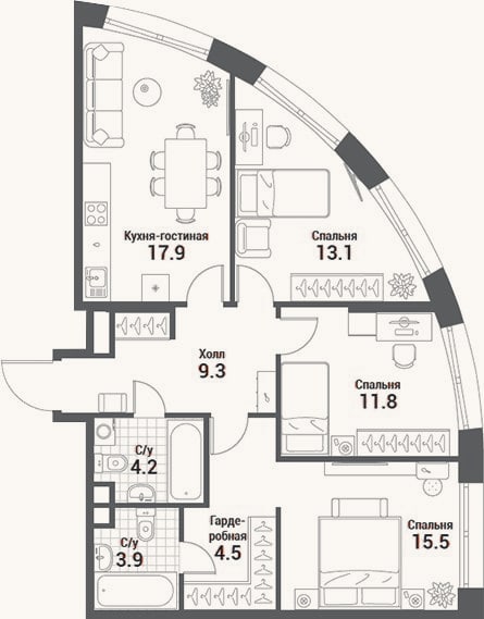 Планировка: 4+ к, 80,2 м²