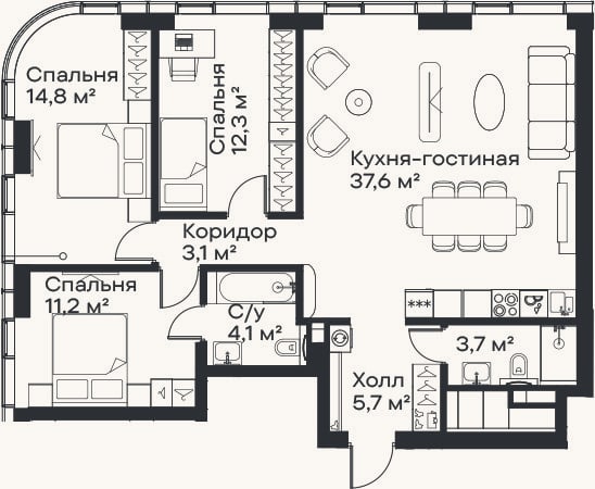 Планировка: 4+ к, 92,5 м²