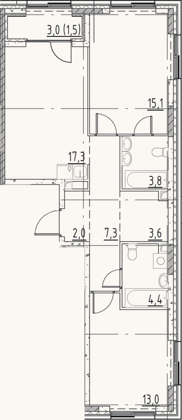 Планировка: 3-к, 66,5 м²