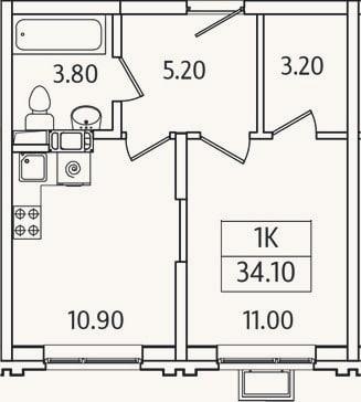 Планировка: 1-к, 34,1 м²