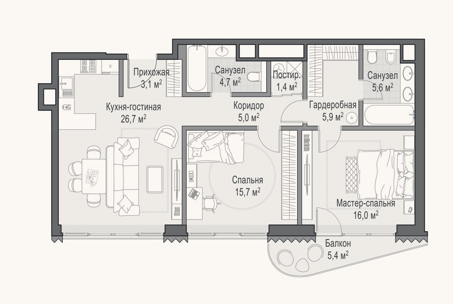 Планировка: 3-к, 84,4 м²