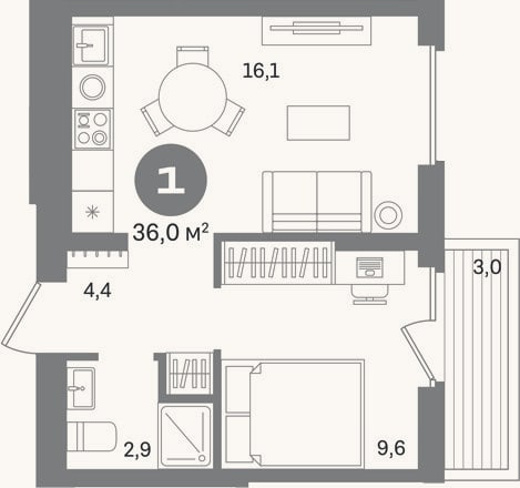 Планировка: 1-к, 33 м²