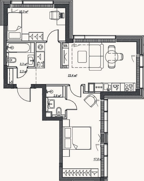 Планировка: 3-к, 60,3 м²