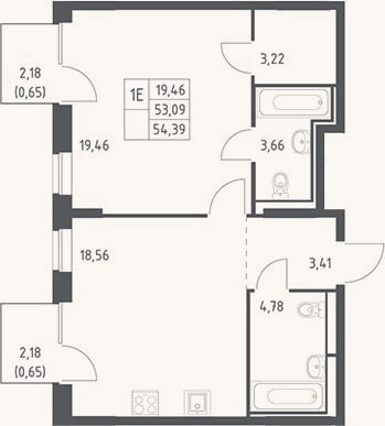 Планировка: 2-к, 53,1 м²