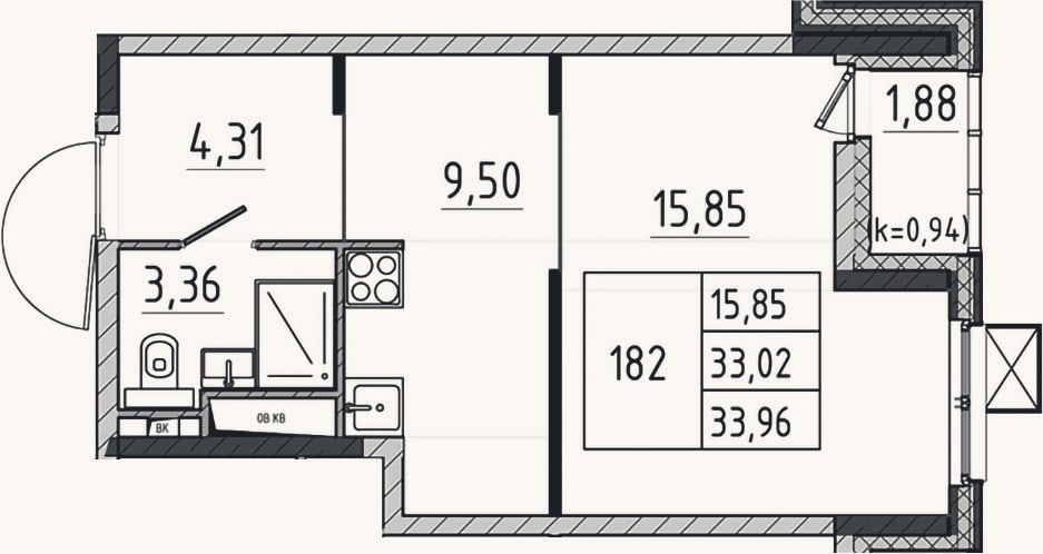 Планировка: Студия, 33 м²