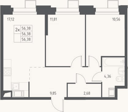 Планировка: 3-к, 56,4 м²