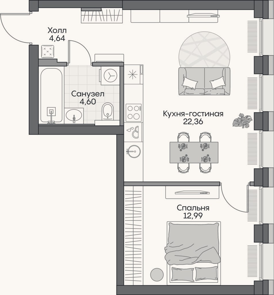 Планировка: 2-к, 44 м²