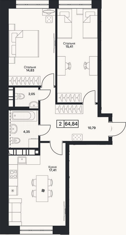 Планировка: 2-к, 64,8 м²