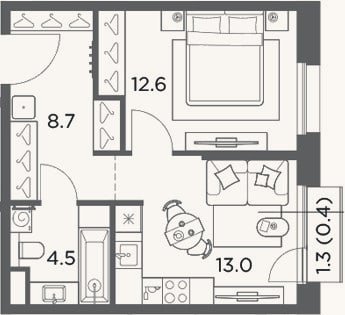 Планировка: 1-к, 38,8 м²