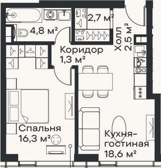 Планировка: 2-к, 46,2 м²