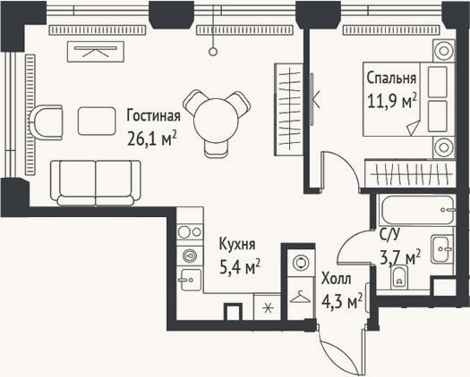 Планировка: 2-к, 51,5 м²