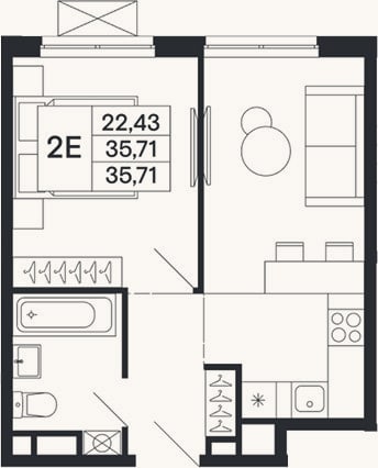 Планировка: 2-к, 35,7 м²