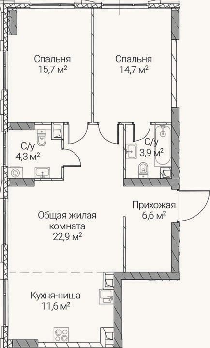 Планировка: 3-к, 79,7 м²