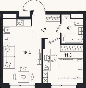 Планировка: 2-к, 37 м²